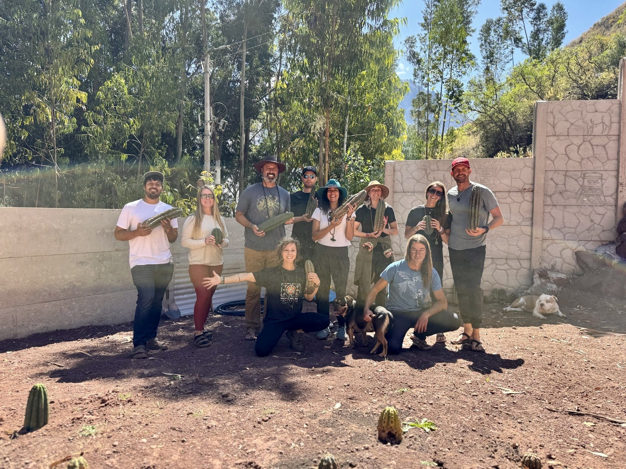 A group of ten standing together at a planting ground with young cacti in the earth, eucalyptus trees behind.